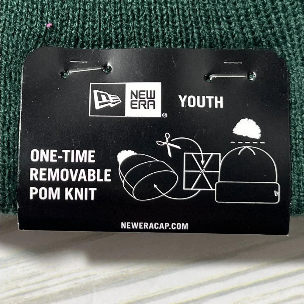 New Era Athletics‎ Kids knit Beanie Green/Yellow Pom Pom removable youth OS MLB